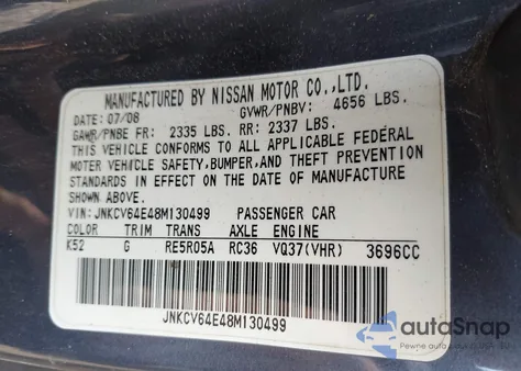 2008 Infiniti G37 Journey from USA, damaged, VIN JNKCV64E48M130499